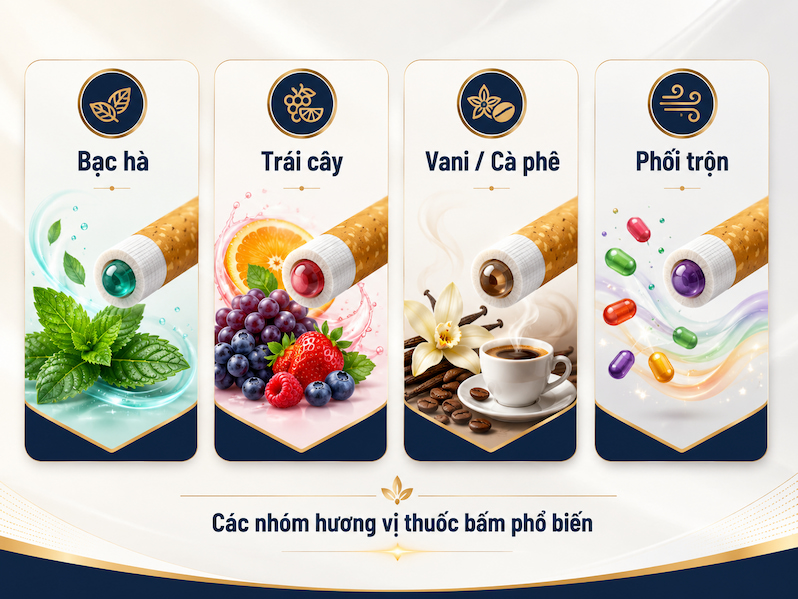 Các hương vị thuốc bấm phổ biến như bạc hà trái cây và cà phê