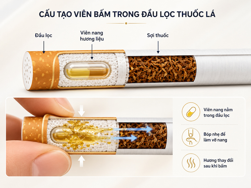 Cấu tạo viên bấm hương liệu bên trong đầu lọc thuốc lá