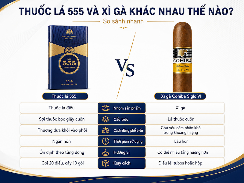 So sánh thuốc lá 555 và xì gà Cohiba Siglo VI về cấu trúc, quy cách và cách sử dụng