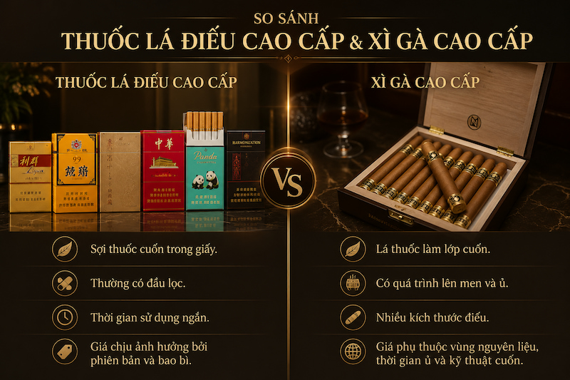 Alt ảnh: So sánh thuốc lá điếu đắt tiền với xì gà cao cấp